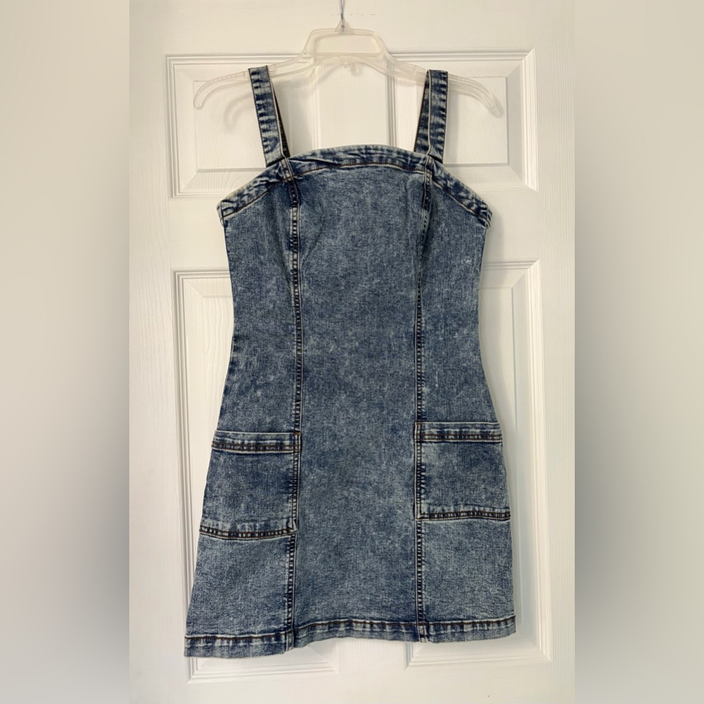 Denim Midi Dress with Pockets - Blue